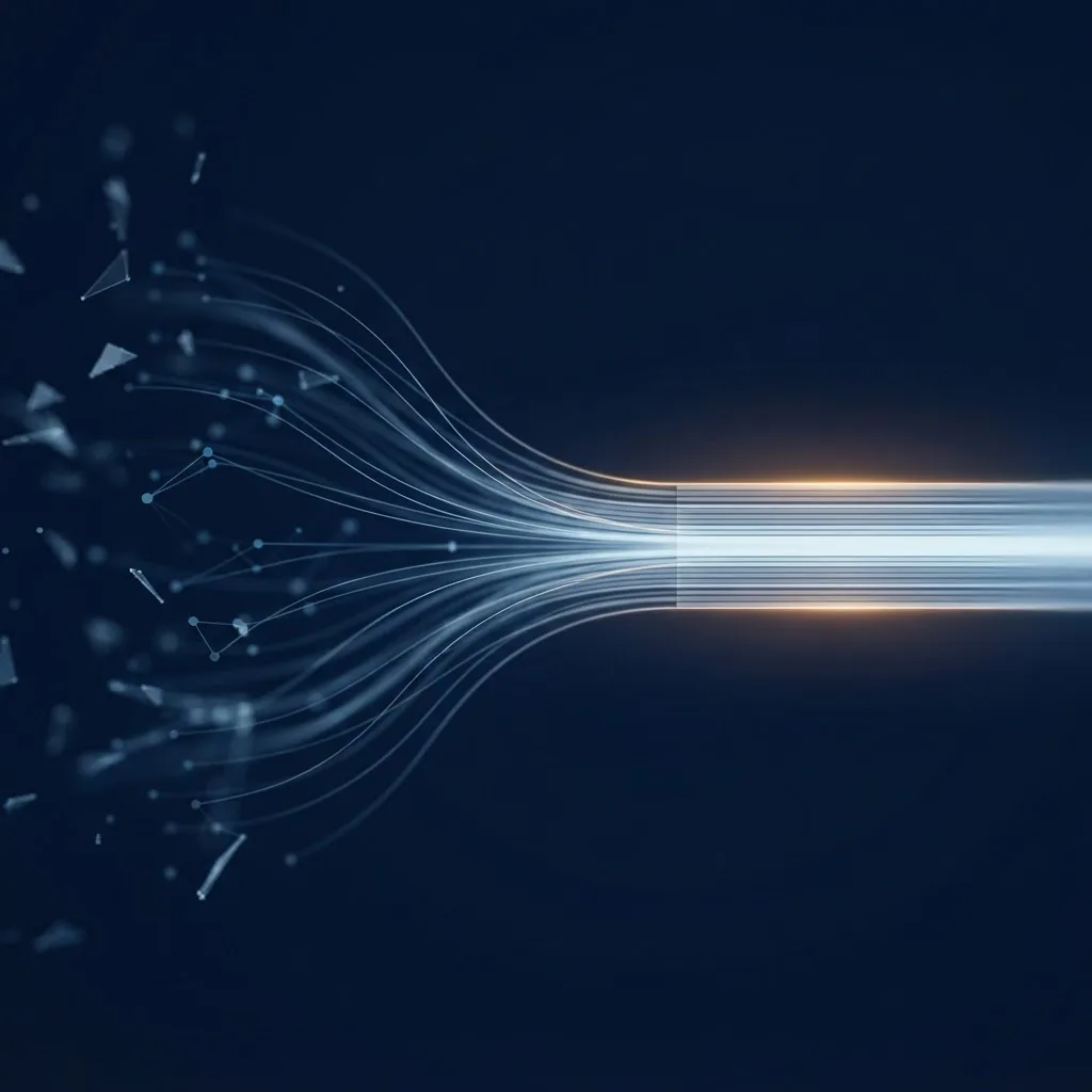 Visuel abstrait représentant des données fragmentées convergeant vers une fondation fiable